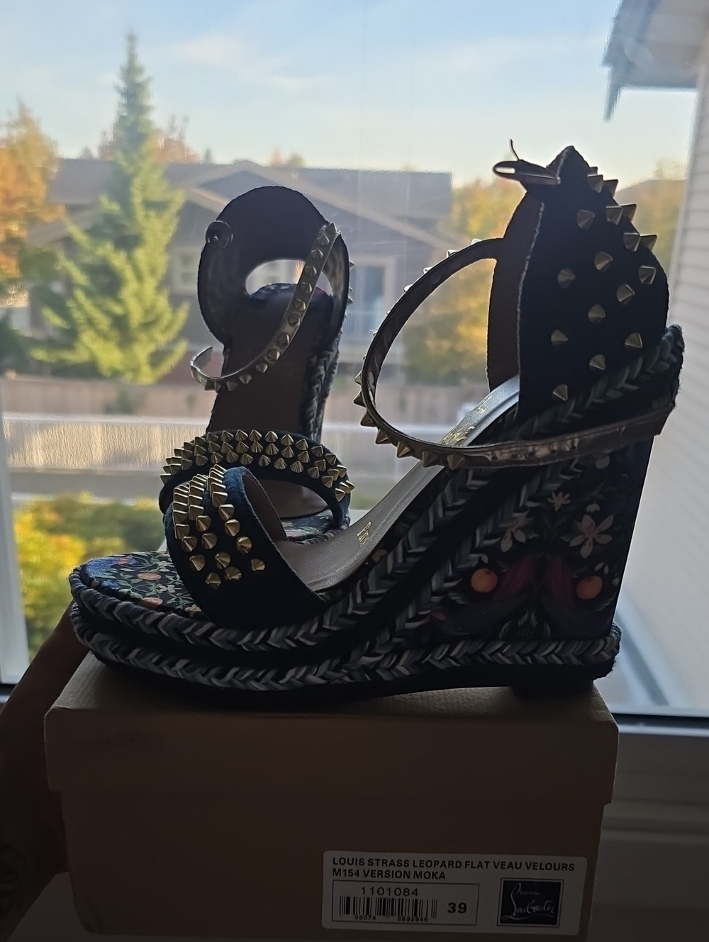 Christian Louboutin Black Studded Floral Wedges